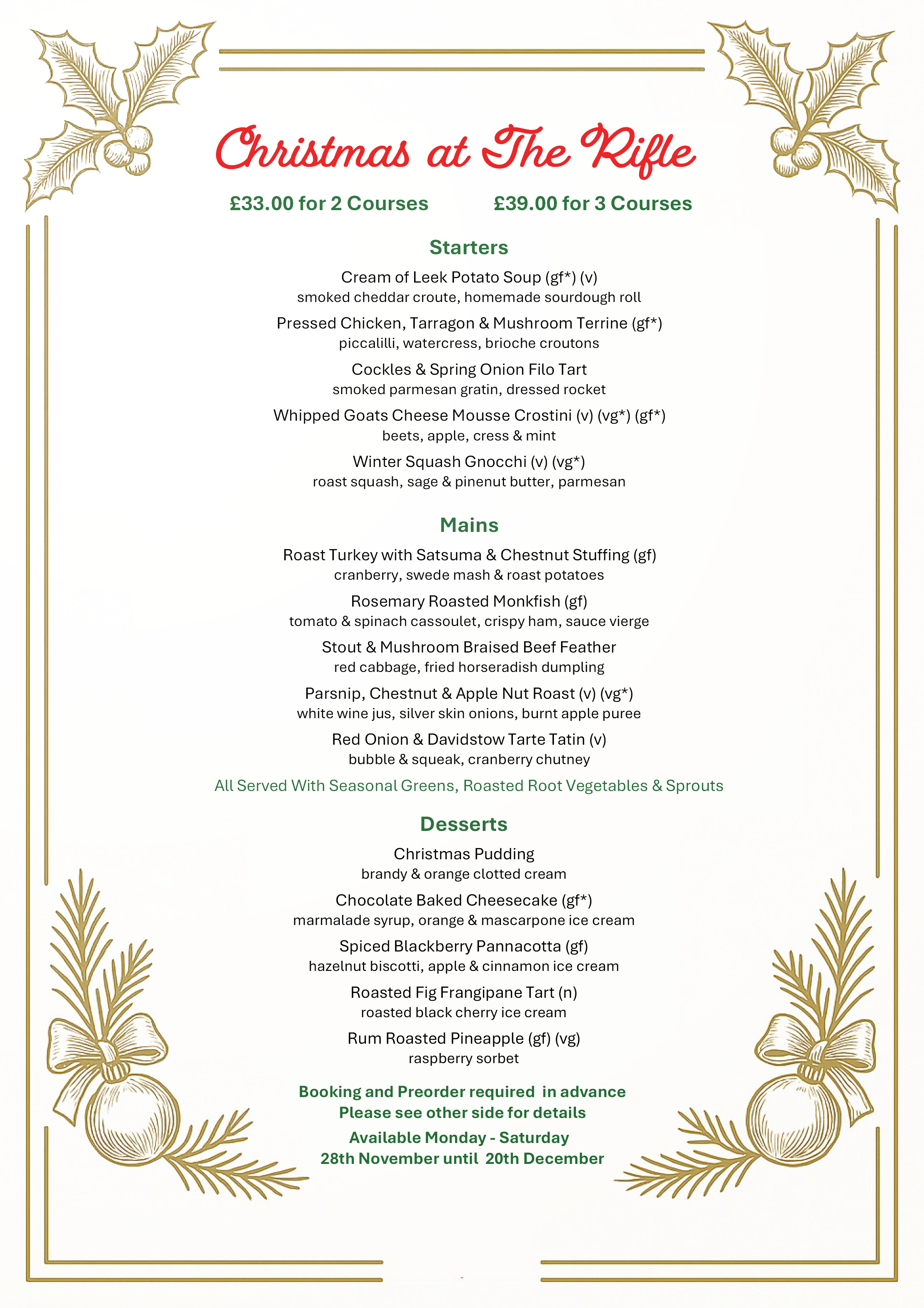 Rifle Volunteer Christmas Menu